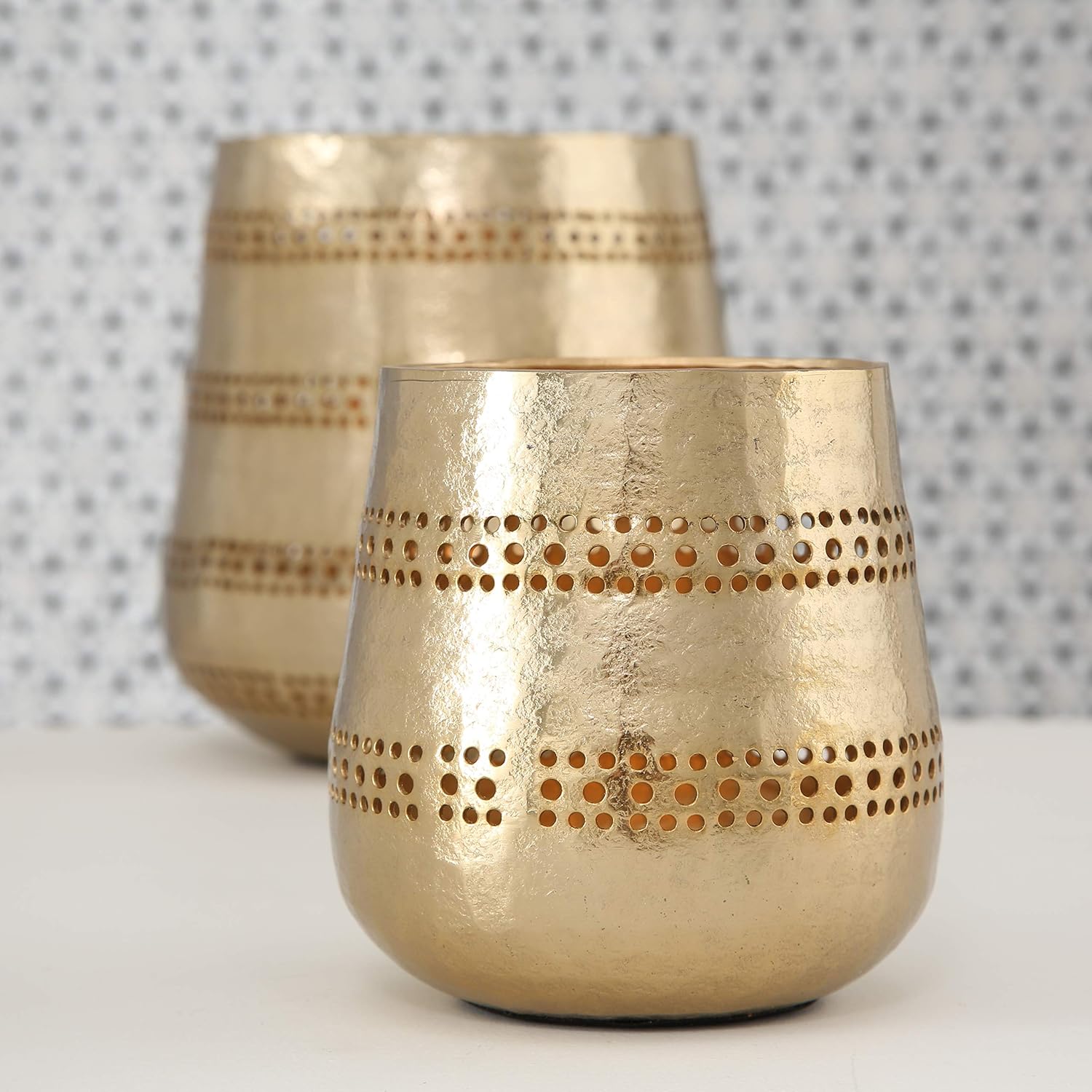 Golden Gilt Metal Votive Candle Holders, Chubby Belly Hurricanes, Set of 2, Textured Surface, 7.5 Diameter x 7.5 Tall, and 5 Diameter x 5 Tall Inches: Kitchen & Dining