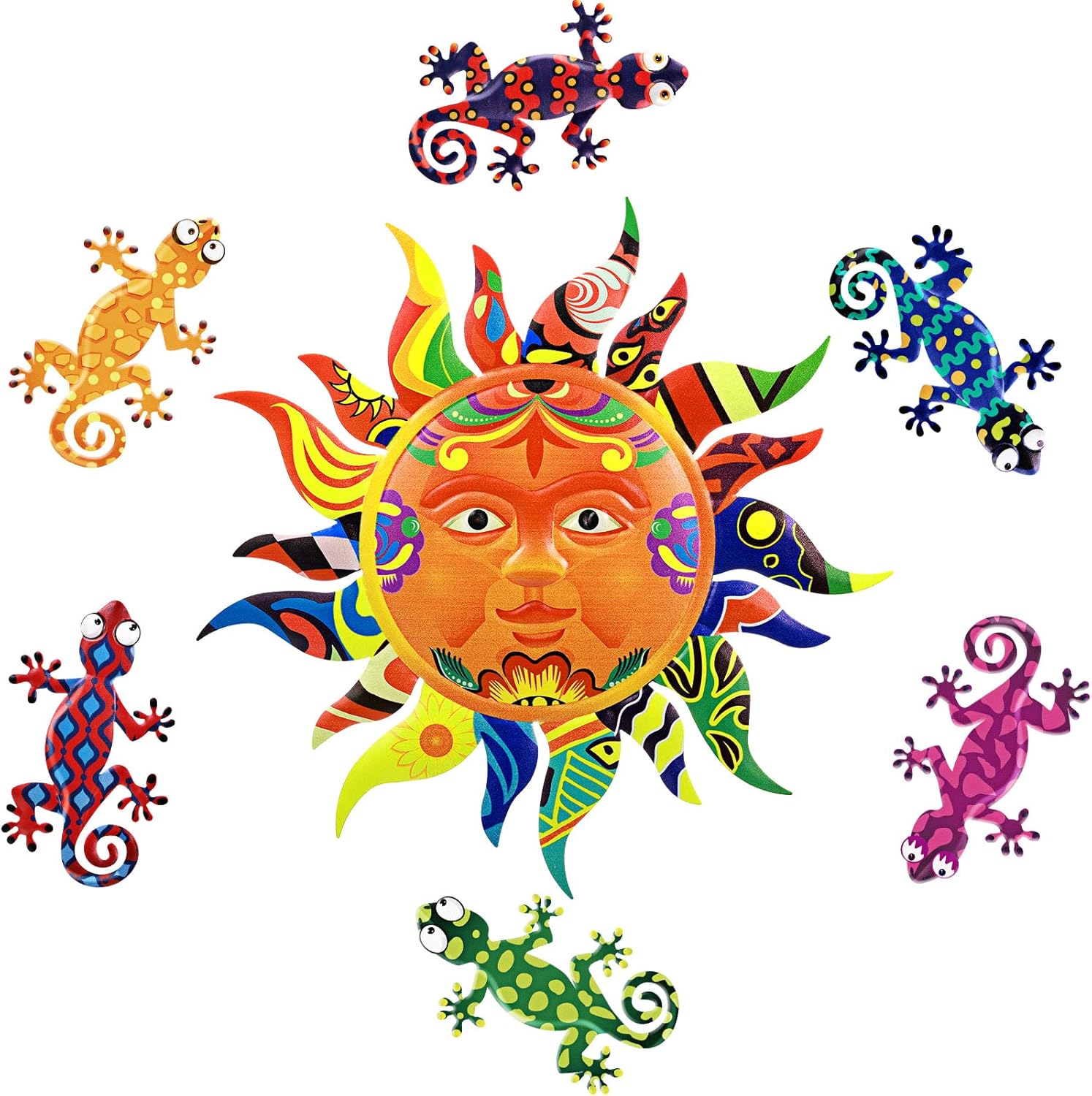 Plaques & Wall Art - Hotop Sun Metal Gecko Wall Art Decor Set, 12.6 Inch Outdoor Sun Wall Art Talavera Colorful Sun Face Statues Hanging Decor and 6 Pieces Metal Lizard Sculpture Hang Decors for Garden Home Living Room