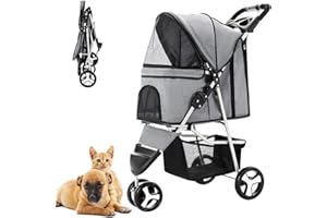 LPOTIUS Pet Stroller for Medium Small Dogs and Cats, One-Hand Folding Portable Travel Cat Dog Stroller with Storage Basket and Cup Holder, 3 Wheels, Gray