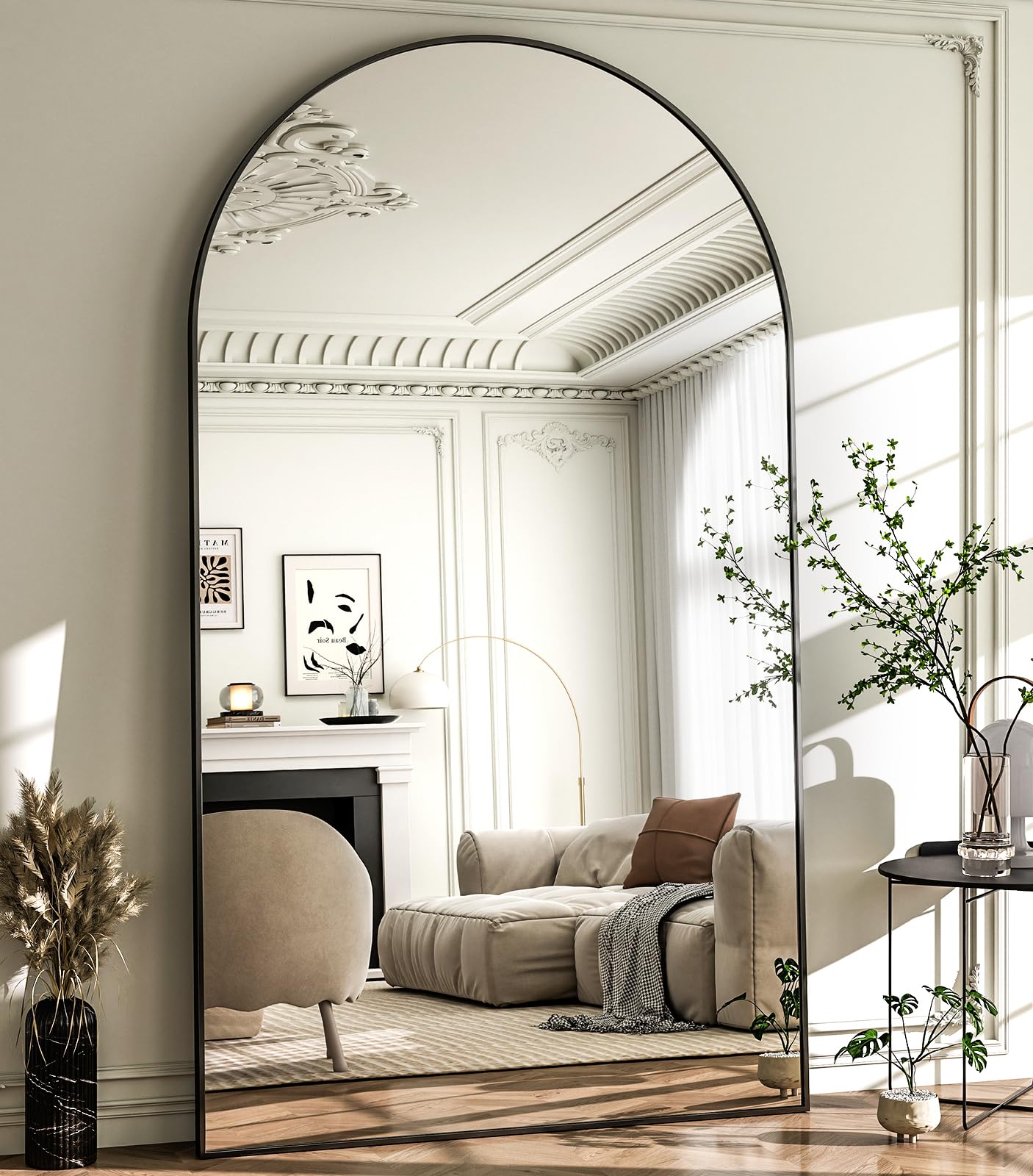 HARRITPURE 86x46 inch Full Length Mirror - Oversized Arched Mirror Aluminum Frame Full Body Floor Mirror with Stand for Living Room,Bedroom,Cloakroom,Black Image