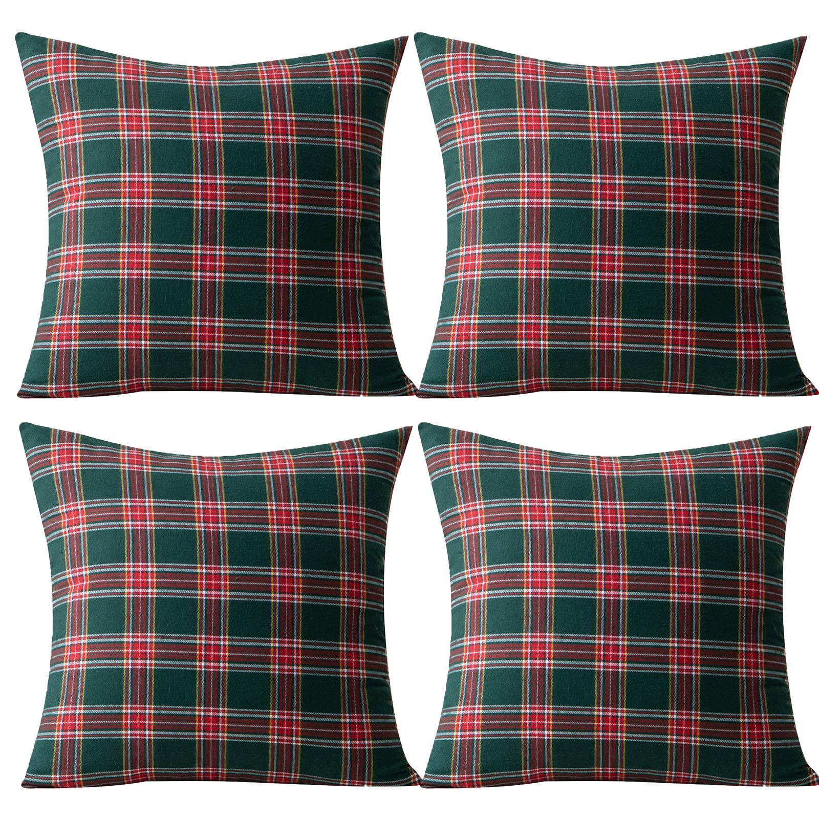 Qelus Christmas Cushion Covers set of 4, Tartan Scottish Throw Pillow Cases, Plaid Check Pillow Covers 45 x 45 cm, Soft Cotton Polyester for Car Sofa Bedroom Xmas Decoration, 18x18 Inch, Green Red