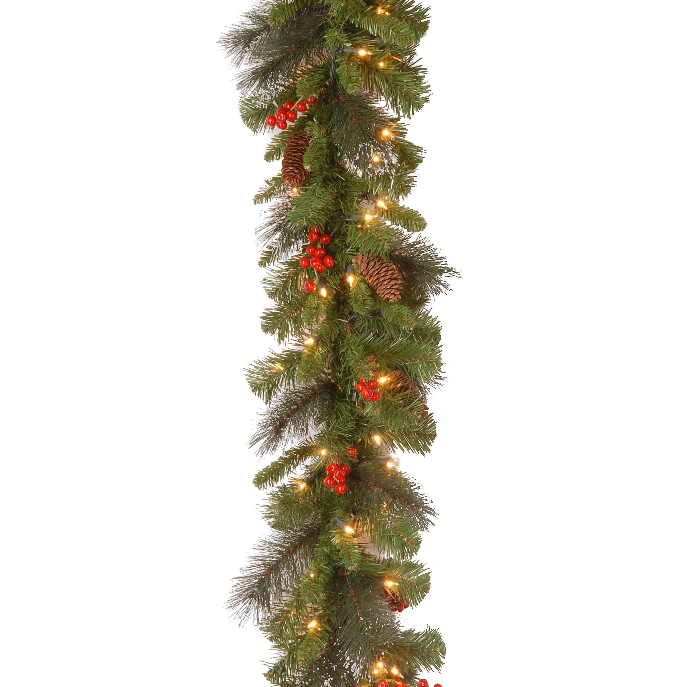 National Tree Company 9 ft Pre-Lit Crestwood Spruce Artificial Christmas Garland, Christmas Decoration with Glitter, Pinecones, Red Berries, 50 Clear Lights, 180 Tips, Green