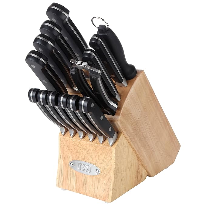 TSU 14-Piece Deluxe Kitchen Knife Set with Wooden Block