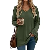 Oakgarden Women's Waffle Long Sleeve Tops, Oversized V Neck Knit Shirts Casual Fall Pullover Sweaters Loose Fit Tunic Tshirts
