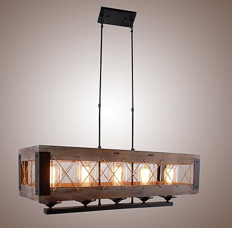 Decomust Dot Com Wood Rectangular Pendant Kitchen Island Hanging Ceiling Light Fixture Vintage Rustic Oil Black 32 Inches Amazon Com