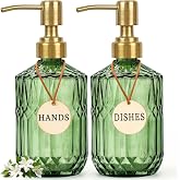 Ritrsvey Green Glass Soap Dispenser (15.4 Oz, 2 Pack), Kitchen Hand and Dish Soap Dispenser Set with Golden Rust Proof Pump, Vintage Bathroom Hand Soap Lotion Dispensers