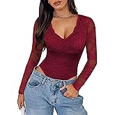 SAUNGKUAI Women's V Neck Lace Bodysuit Long Sleeve Bodysuits Double Lined Going Out Tops Y2K Trendy Thong Outfits
