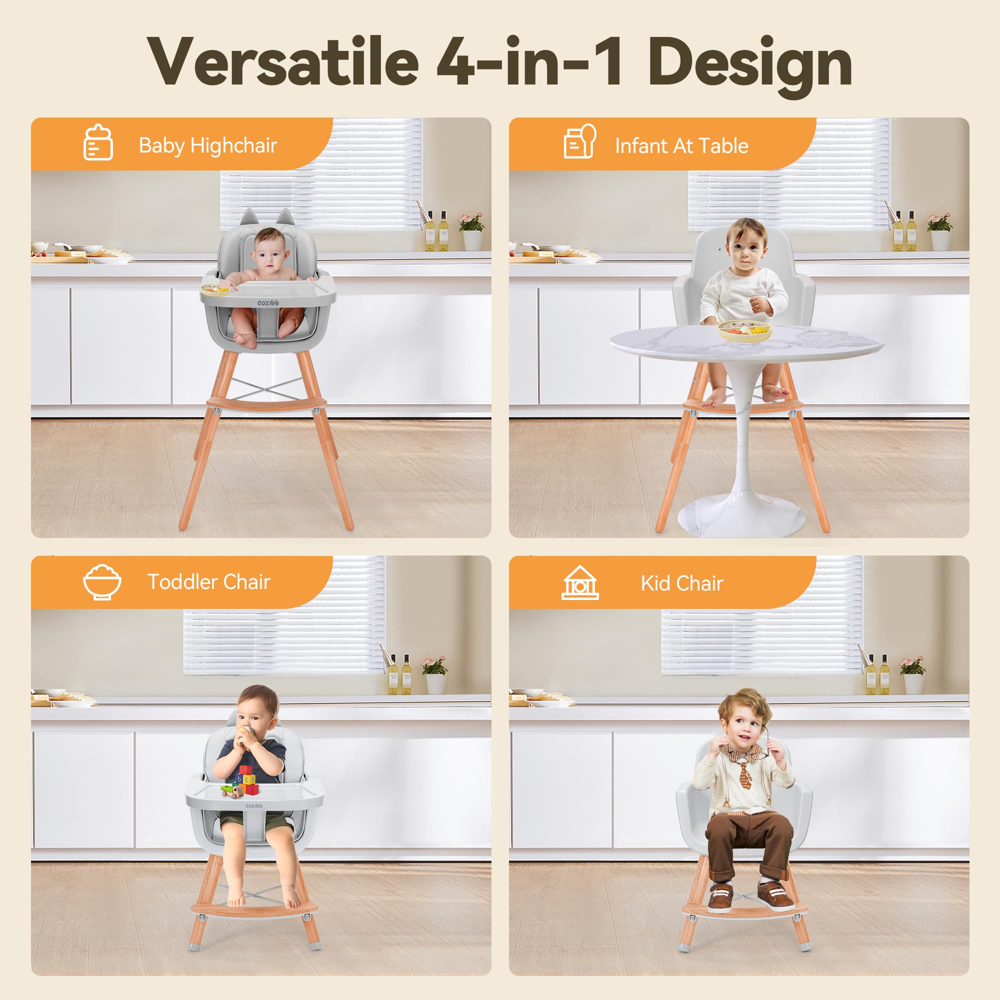 CoziBB 4-in-1 Baby High Chair, Convertible Easy-to-Clean Wooden Highchair for Infant, Kids& Children, 3 Position Tray, Leatherette Seat, Modern and Compact Design, Grey
