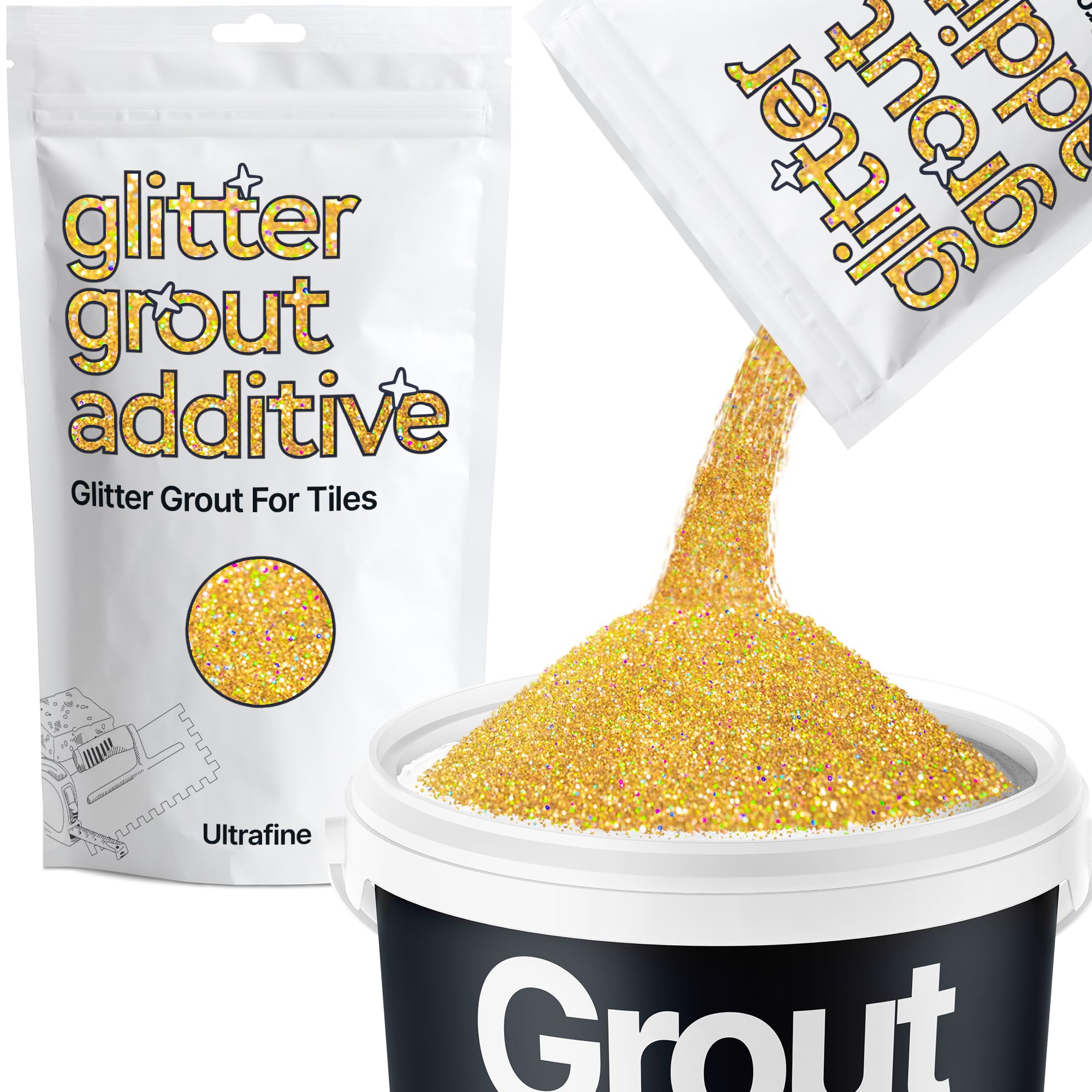 Hemway Gold Holographic Glitter Grout Additive Ultrafine 100g Metallic Flakes for Adding Sparkle to Kitchen & Bathroom Tiles | Enhance Your Indoor Grouting Projects with a Durable Sparkly Effect