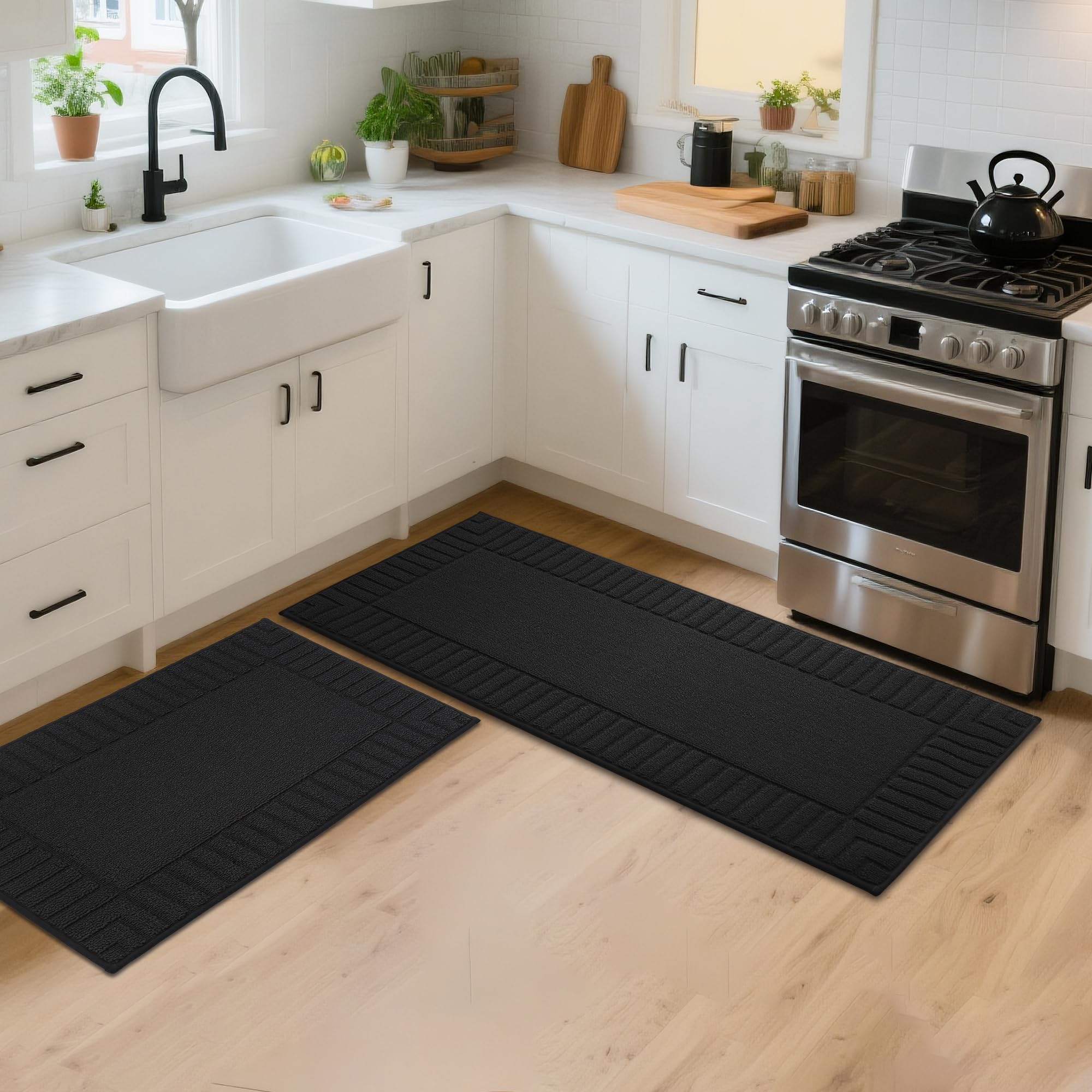 BEQHAUSE Kitchen Rugs Washable Kitchen Mats Floor Non-Slip Kitchen Mats Absorbent Kitchen Runner with TPR Non Skid Backing,Set of 2(50X76cm+50X122cm,Black)