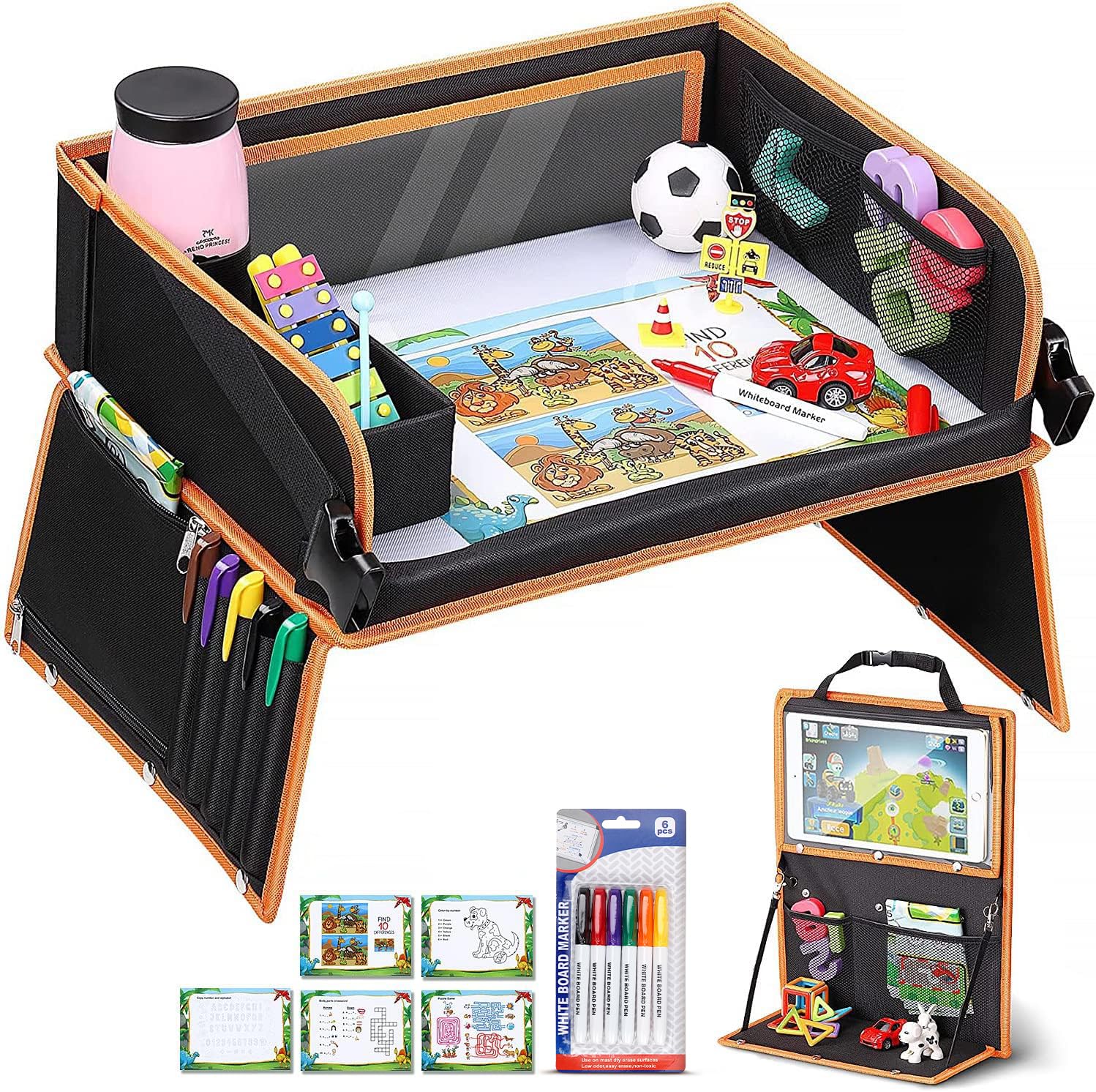 lenbest Kids Travel Tray - 2 in 1 Kids Car Lap Tray & Car Organiser, Multifunctional Travel Table with Transparent Erasable Surface & Large Storage Space - Travel Games Easter Gifts for Kids