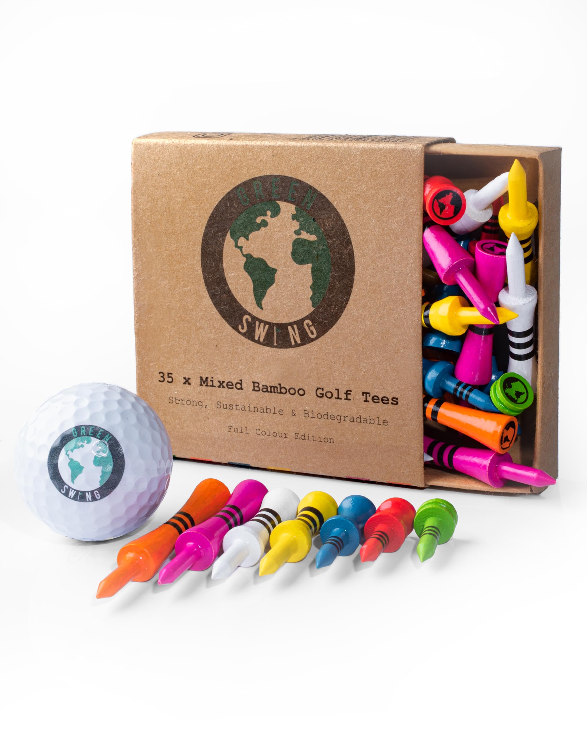 Green Swing Bamboo Golf Tees Mixed Sizes | Strong Sustainable Biodegradable | Seven Sizes Castle Tees | 35pcs
