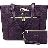 LOVEVOOK Laptop Bag for Women, Stylish Diamond Quilted Work Tote with Clutch Purse, 15.6-inch Purple Tote