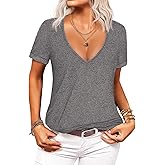 Beyove Women's Deep V T-Shirt Summer Short Sleeve Loose Casual Tee Shirt(Grey, S)