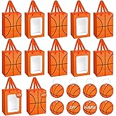Sunnymove 12 Pcs Basketball Gift Bags with Clear Window and 12 Pcs Luggage Tags Basketball Themed Bags with Handles 7 x 5 x 10'' for Team Gift Goodie Snacks Treats Sport Theme Games Day Party Supplies