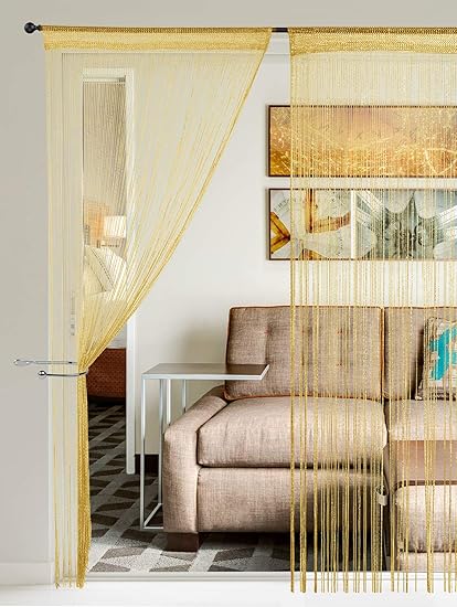 Story@Home Fancy Sparkling?String Beads Polyester Hanging Curtain - 7ft, Golden