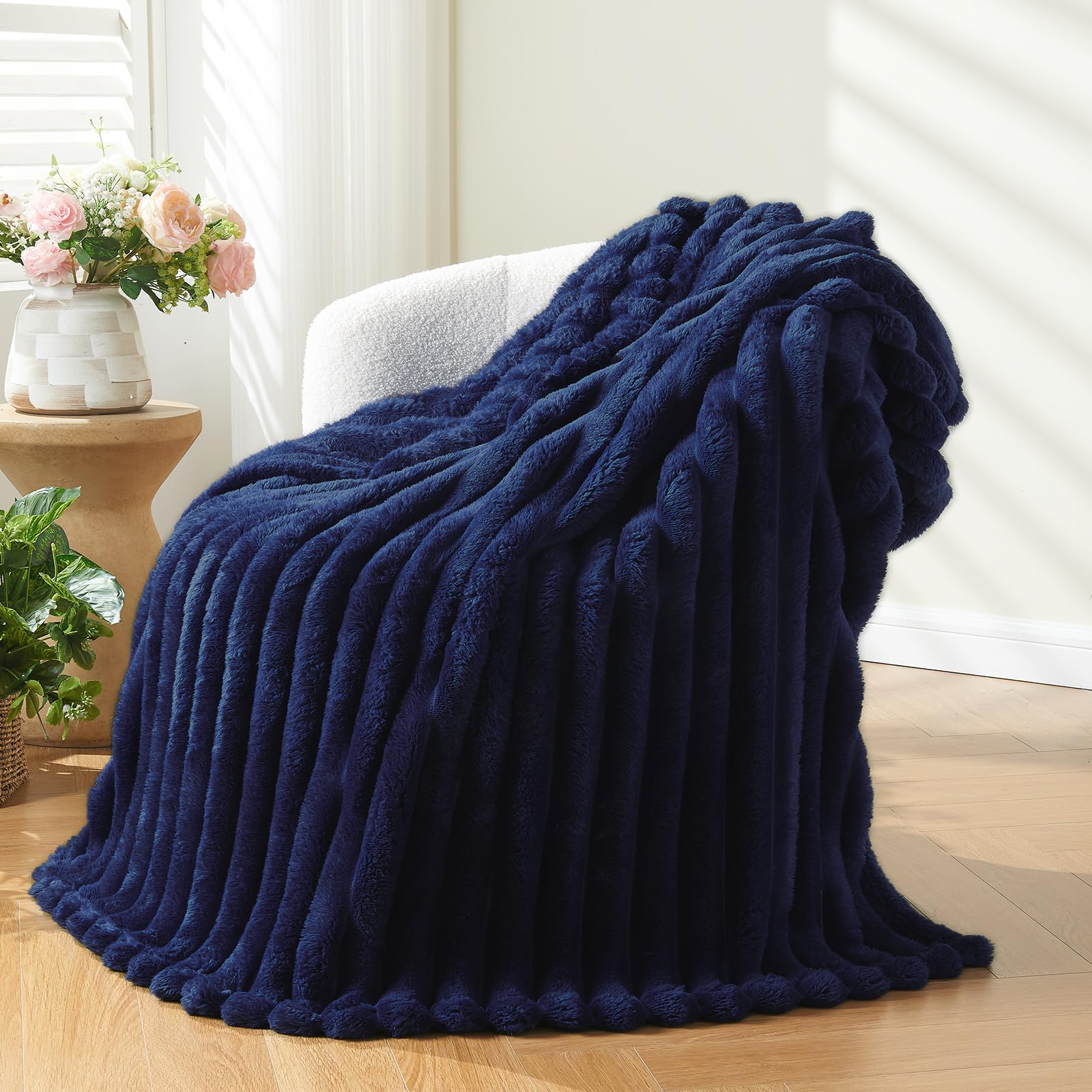 Photo 1 of **SIMILAR TO PHOTO** NEWCOSPLAY Super Soft Throw Blanket Dark Navy Premium Silky Flannel Fleece 3D Ribbed Jacquard Lightweight Bed Blanket All Season Use (Dark Navy, Throw(50"x60"))