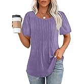 OFEEFAN Womens T Shirts Short Sleeve Pleated Dressy Casual Scooped Neck Summer Tops Blouses