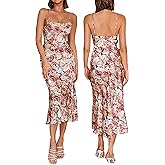 Tsher Women's Sleeveless Spaghetti Strap Satin Wedding Guest Party Dress Cowl Neck Backless Midi Formal Dresses