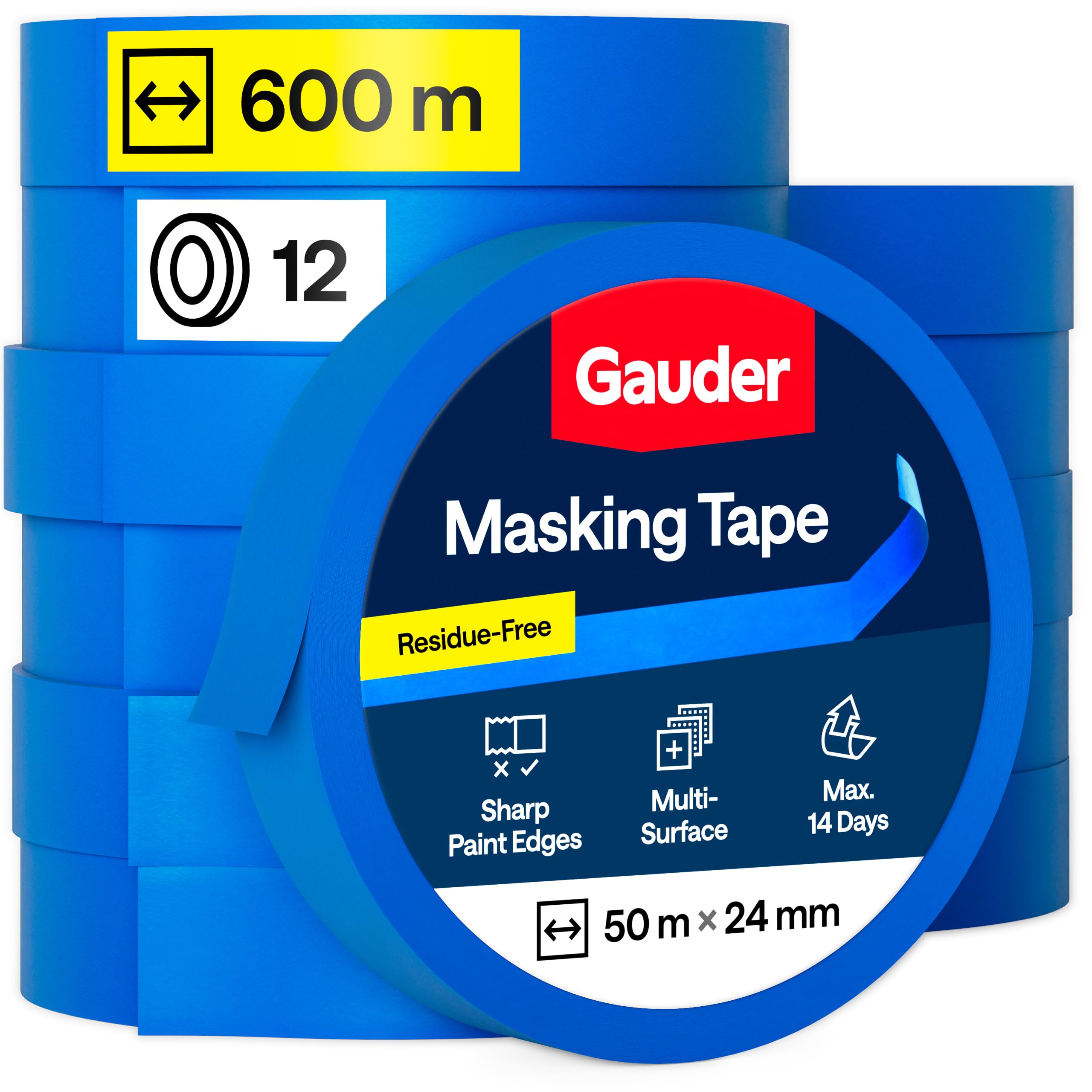 GAUDER Masking Tape for Painting - Blue Painters Tape for Precise Edges - Paint Tapes for Painting - Decorators Tapes for Renovating, Automotive, Art and DIY Projects (12 Rolls - 24 mm x 50 m)