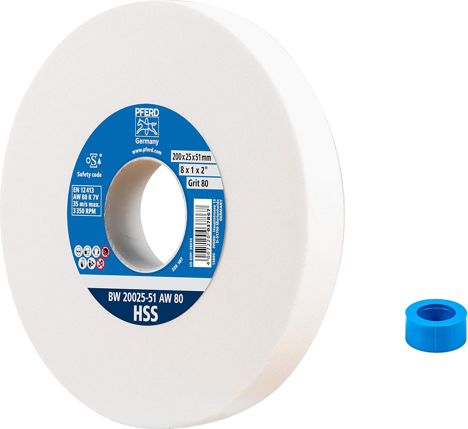 Pferd Abrasive Wheel 200 x 25 x 51 mm - with Integrated Reducer Sleeves (25/20/16mm), Schleifbockscheibe BW 20025-51 AW 80 HSS