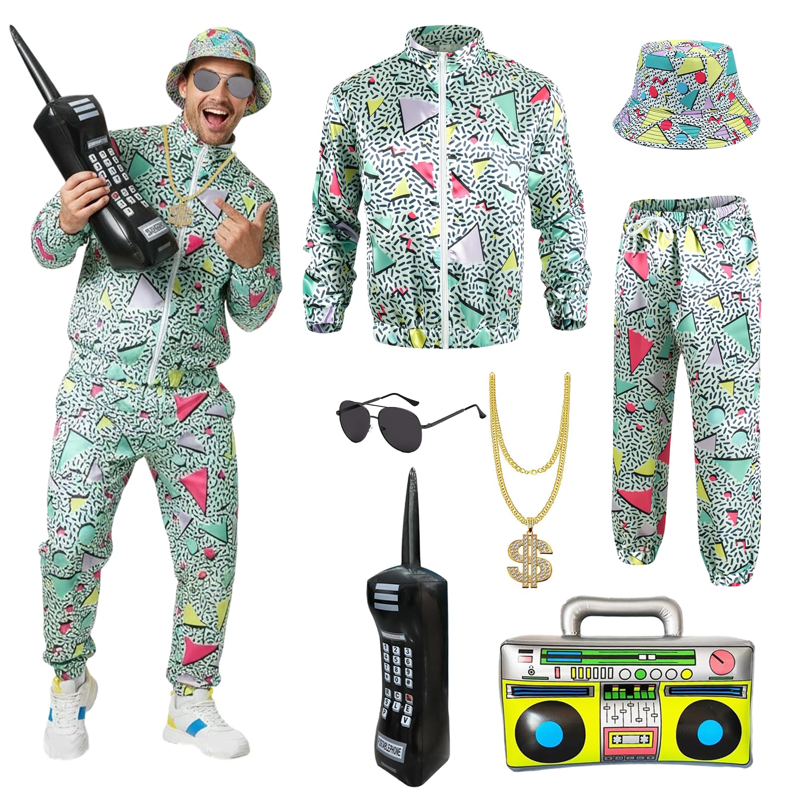 Xerteam 80s 90s Fancy Dress Men with Accessories, Retro 80s 90s Hip Hop Outfit for Adults, 80s Fancy Dress Set with 1 Sportswear Shirt Pant Hat Necklace Balloon Glasses (Green, L) — image 1