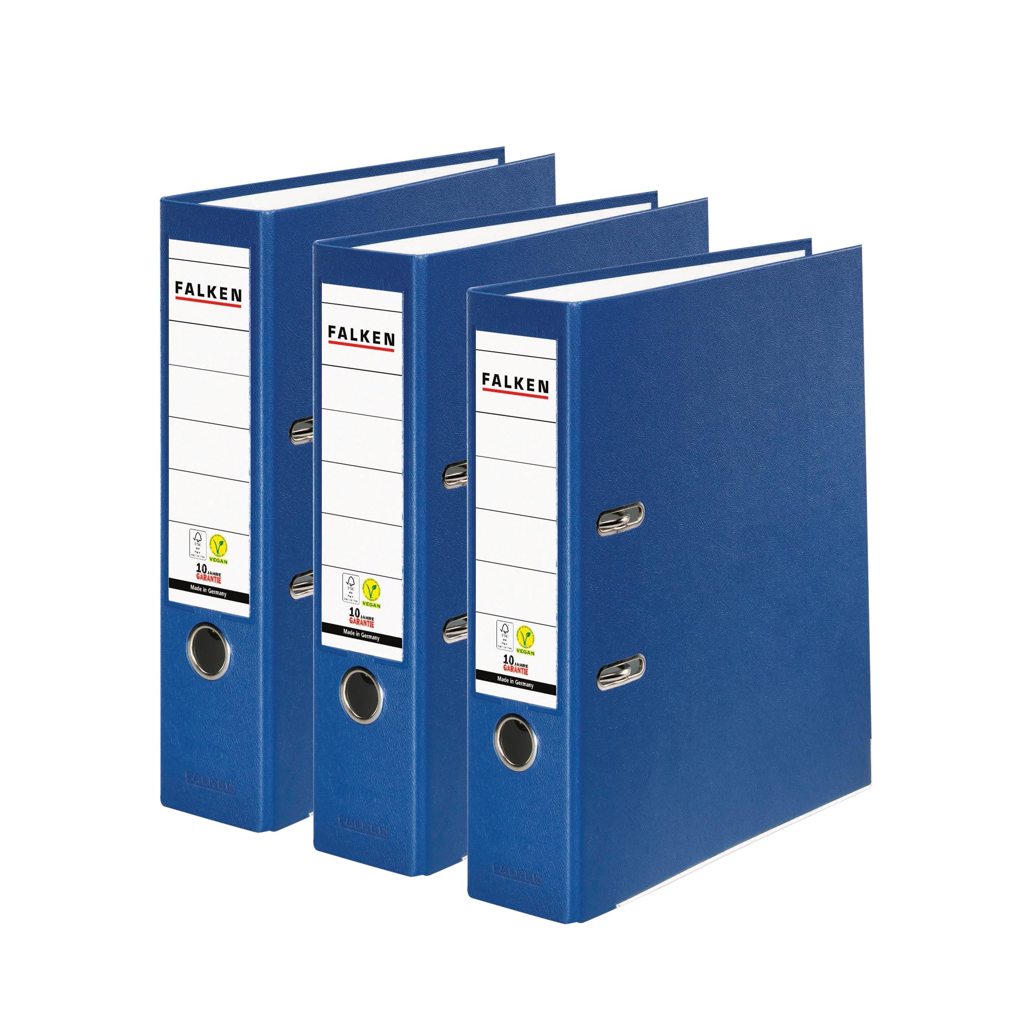 FALKEN Original Pack of 3 Polypropylene Blue A4 Vegan Plastic Folders, Made in Germany, 8 cm Wide, Ring Binder, Office Folder