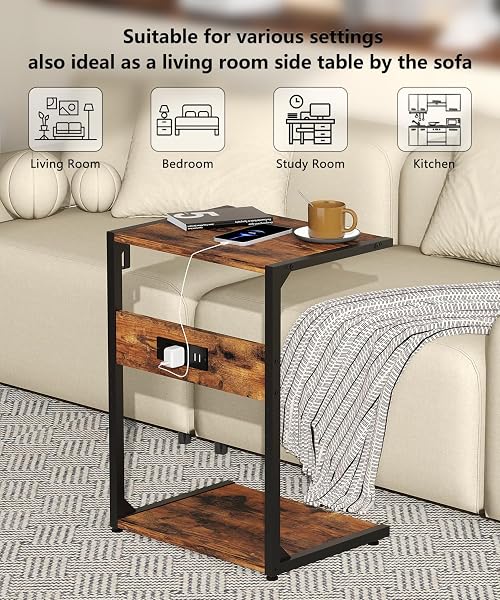 AKXOMEL 2 TIER COMPUTER TOWER STAND WITH CHARGING STATION, 11.8″ D X 16.5″ W ROLLING FLOOR PC TOWER STAND FITS UNDER DESK, CPU HOLDER CART FOR CARPET WITH HOOKS, C SHAPED END TABLE FOR HOME OFFICE