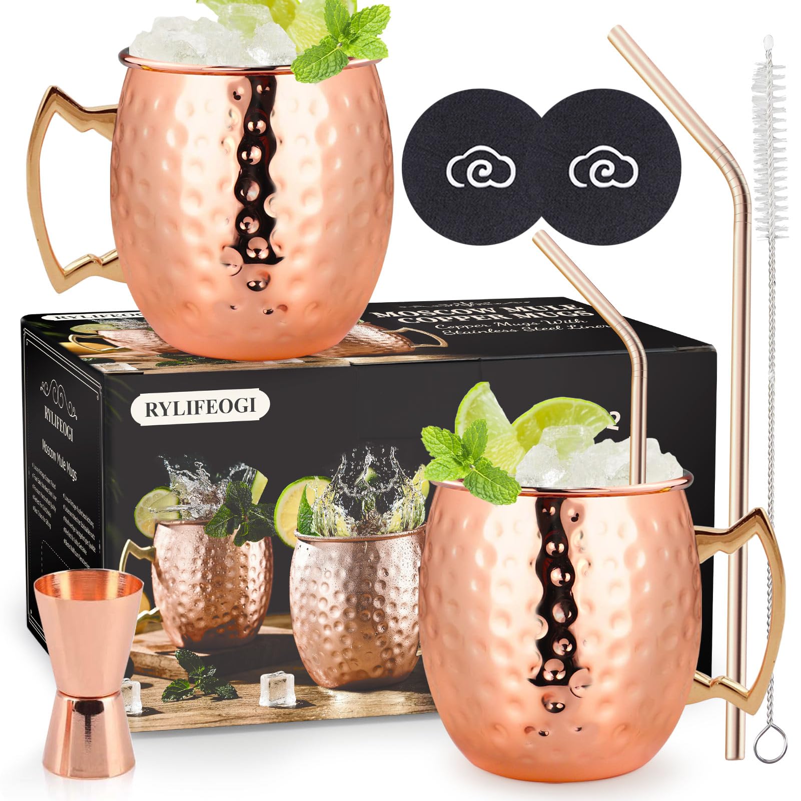 RYLIFEOGI Moscow Mule Mugs Set of 2, Copper Cups 19oz with Jigger Straws Coasters Gift Set for Bar, Home Party