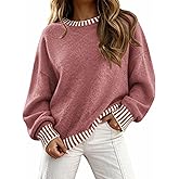 KIRUNDO Oversized Sweaters for Women 2026 Long Sleeve Crewneck Fall Tops Contrast Chunky Knit Pullover Winter Clothes