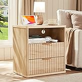 LEYAOYAO Fluted Nightstand with Charging Station, 23" Wide 2 Drawers End Table, Natural Night Stand with Open Storage Cabinet, Farmhouse Bed Side Tables, Wood Dresser for Bedroom, Living Room, Closet
