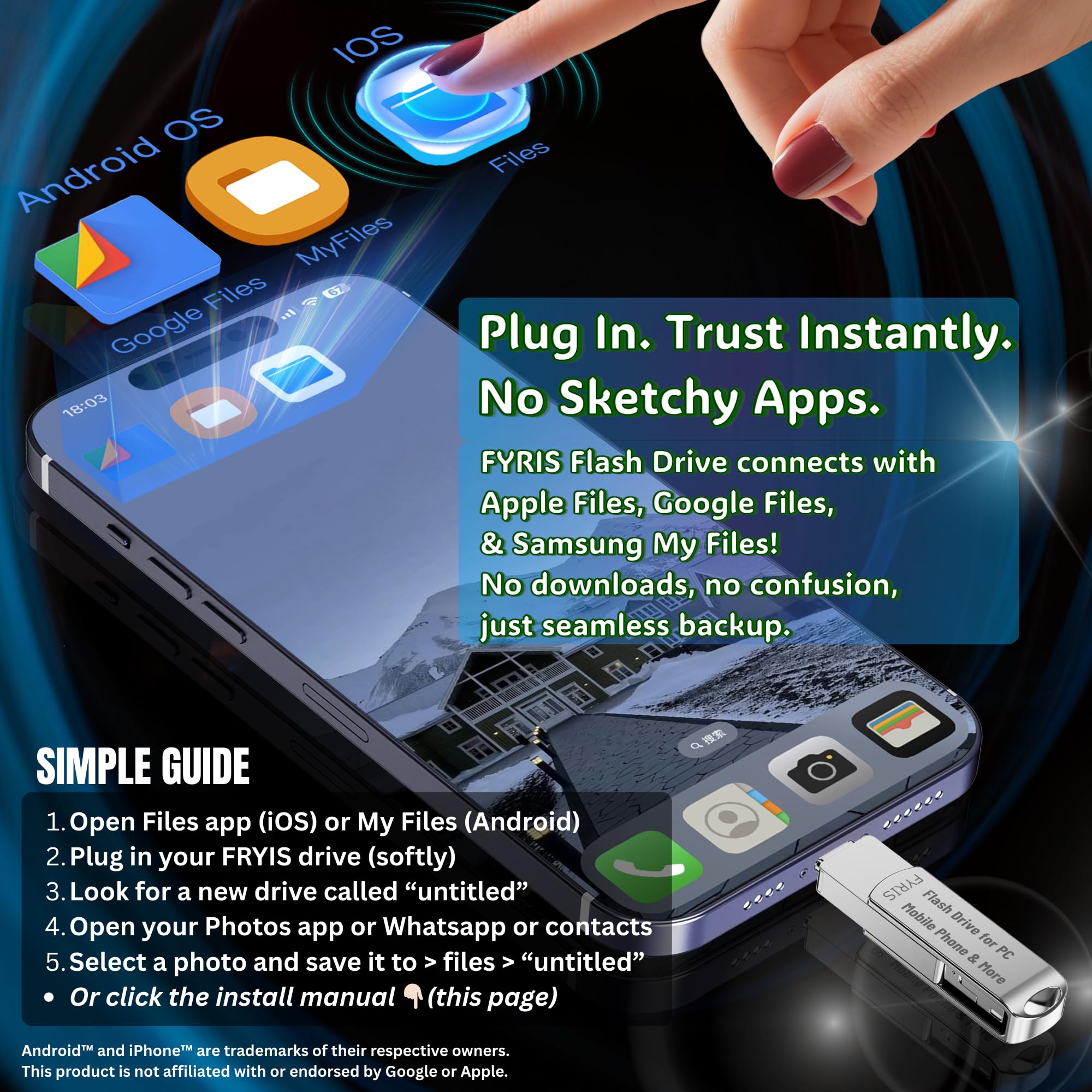 iPhone USB Storage Flash Drive 256GB – FYRIS 3-in-1 MFi Certified Backup Drive for Android, iPad, Mac & PC – Lightning & USB-C – No App Needed (Thorns)