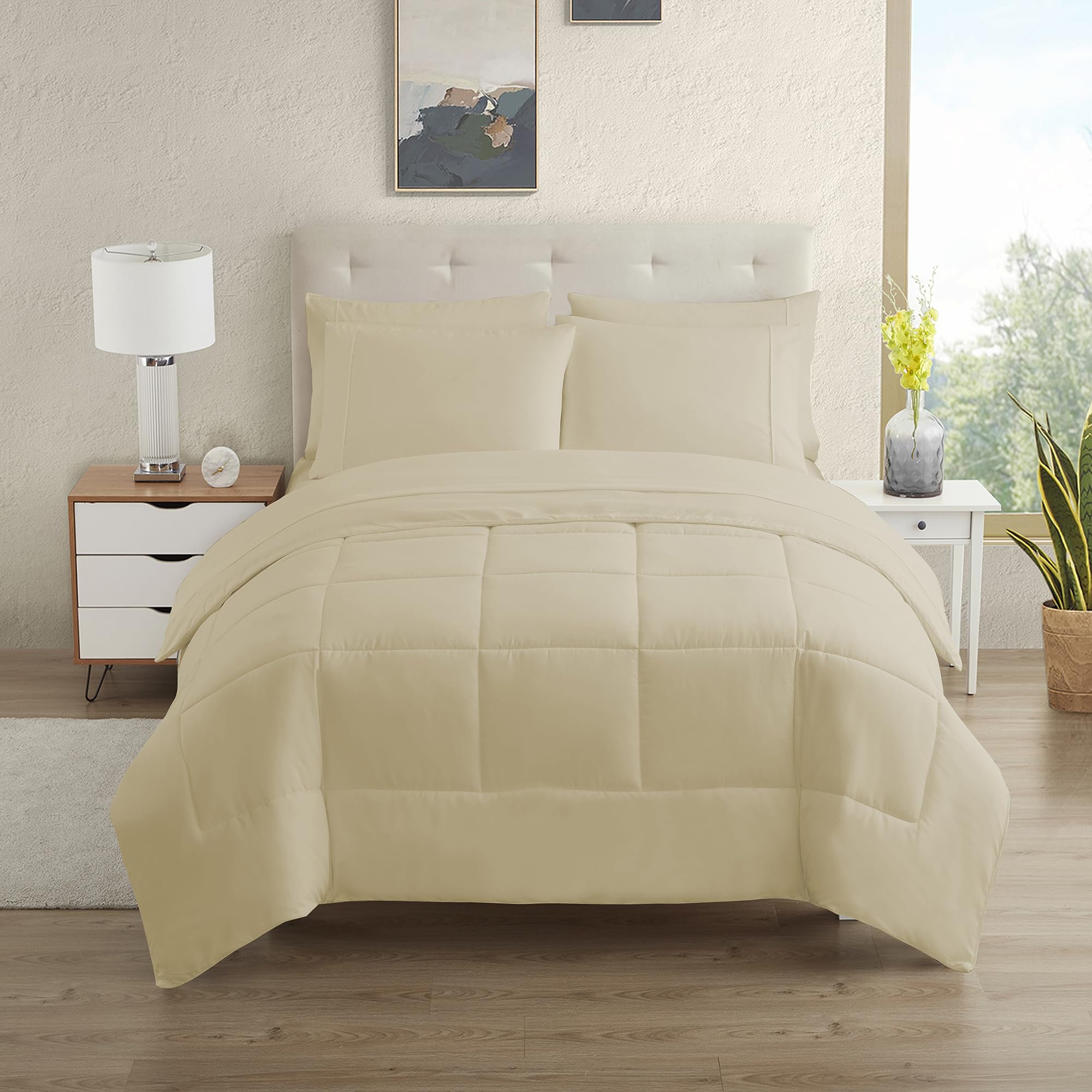 Sweet Home Collection 5 Piece Comforter Set Bag Solid Color All Season Soft Down Alternative Blanket & Luxurious Microfiber Bed Sheets, Beige, Twin Image Sweet Home Collection 5 Piece Comforter Set Bag Solid Color All Season Soft Down Alternative Blanket & Luxurious Microfiber Bed Sheets, Beige, Twin Image