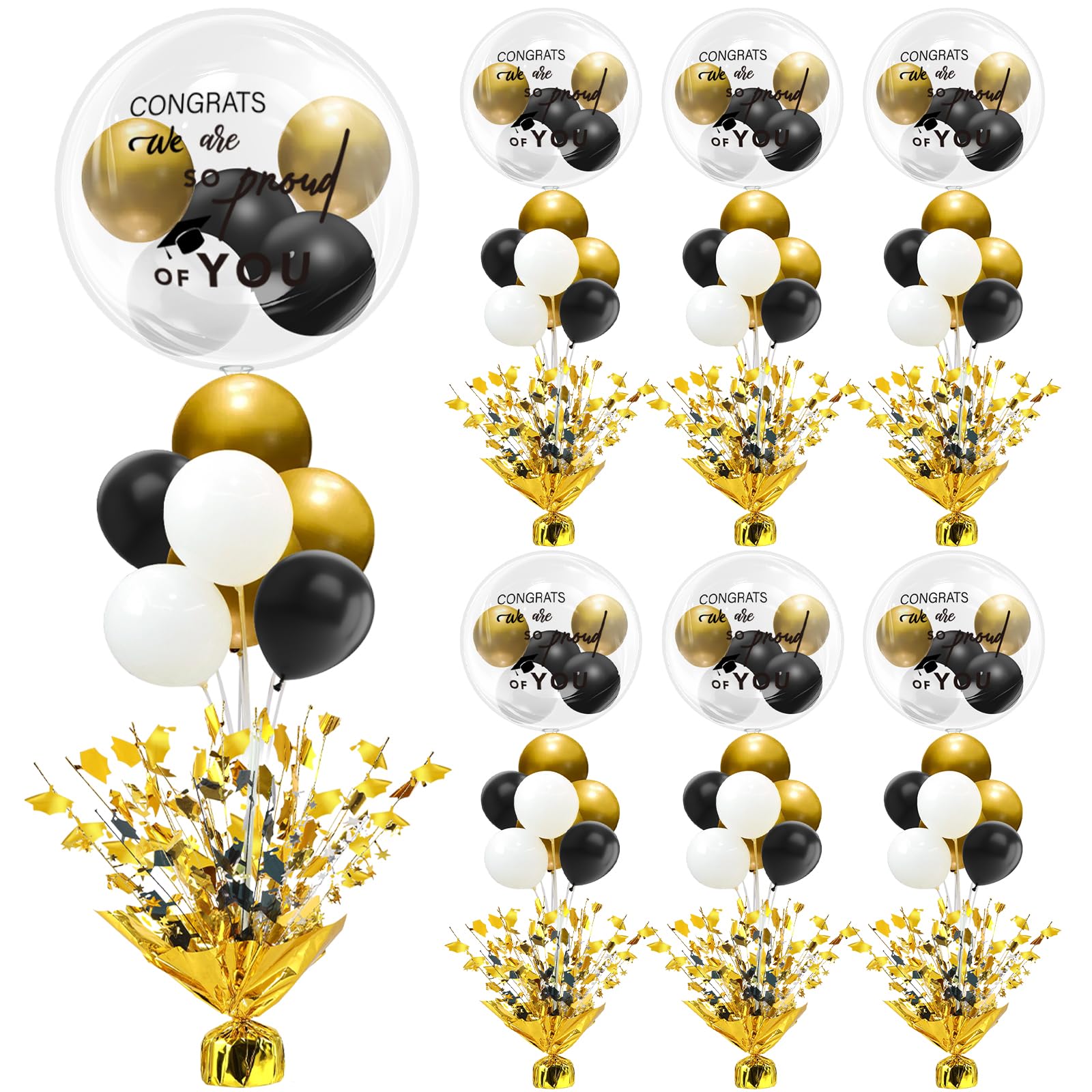 Photo 1 of 6 Sets Graduation Table Centerpieces Decoration Metallic Foil Spray Grad Burst Centerpiece with White Black Gold Balloons Bobo Balloons for Class of 2025 Grad Prom Party Decorations Supplies