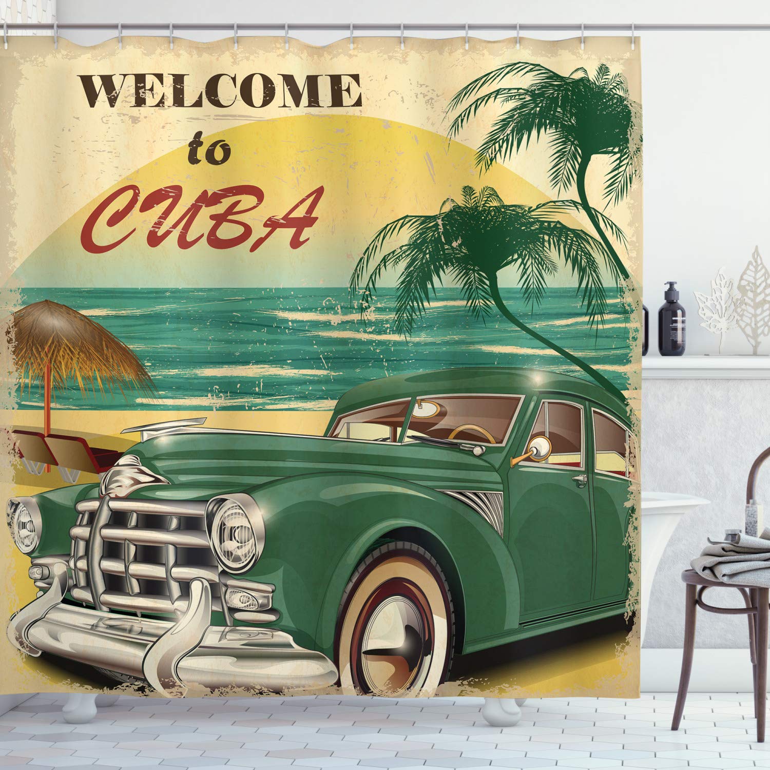 ABAKUHAUS Retro Shower Curtain, Nostalgic Welcome to Cuba Print Classic Car Beach Ocean Palm Trees, Cloth Fabric Bathroom Decor Set with Hooks, 86 Inches Extra Long, Green Cream Yellow