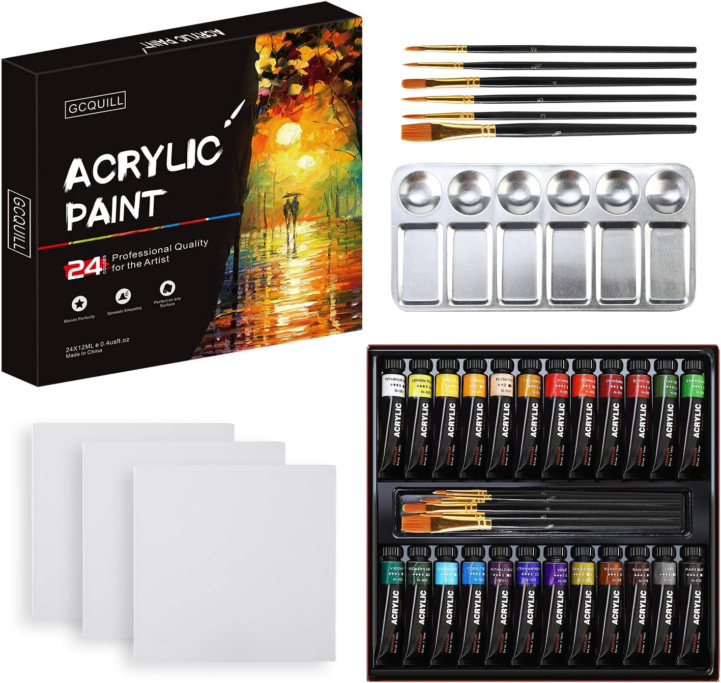 24 Vibrant Colours Acrylic Paint Set 12 ml x24 Tubes for Artist with 6 Paint Brushes, Stainless Steel Palette, 3 Blank Canvas - Image 3