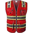JKSafety 9 Pockets Hi-Vis Neon Red Zipper Front MESH Safety Vest with Fluorescent Yellow Extend Edge outlining the Reflective Tapes Meet ANSI/ISEA Class 2 Standard (100-Red, Large)