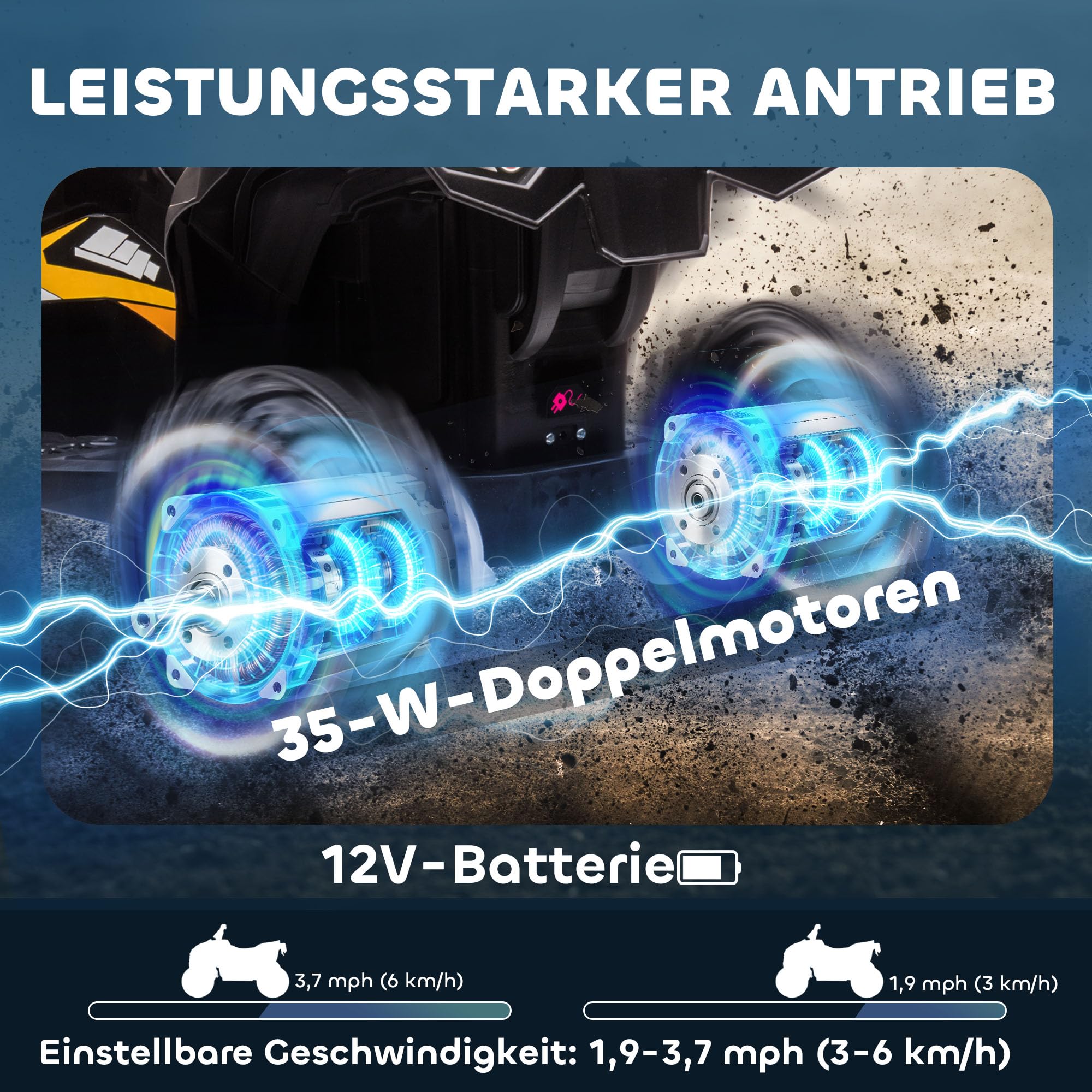 HOMCOM Kinder Quad Elektro 12V Kinderquad mit 35W Motor, Vorwärts-, Rückwärtsfunktion, Musik, USB-Anschluss, Hupe, LED-Scheinwerfer 3-6km/h Elektro-Quad für Kinder 3-5 Jahre Gelb 3