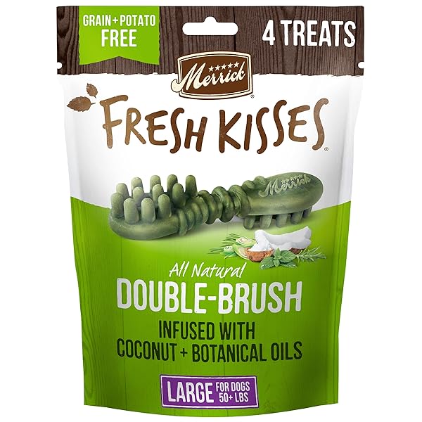 MERRICK FRESH KISSES NATURAL DENTAL CHEWS INFUSED WITH COCONUT AND BOTANICAL OILS FOR LARGE DOGS OVER 50 LBS – 4 CT. BAG