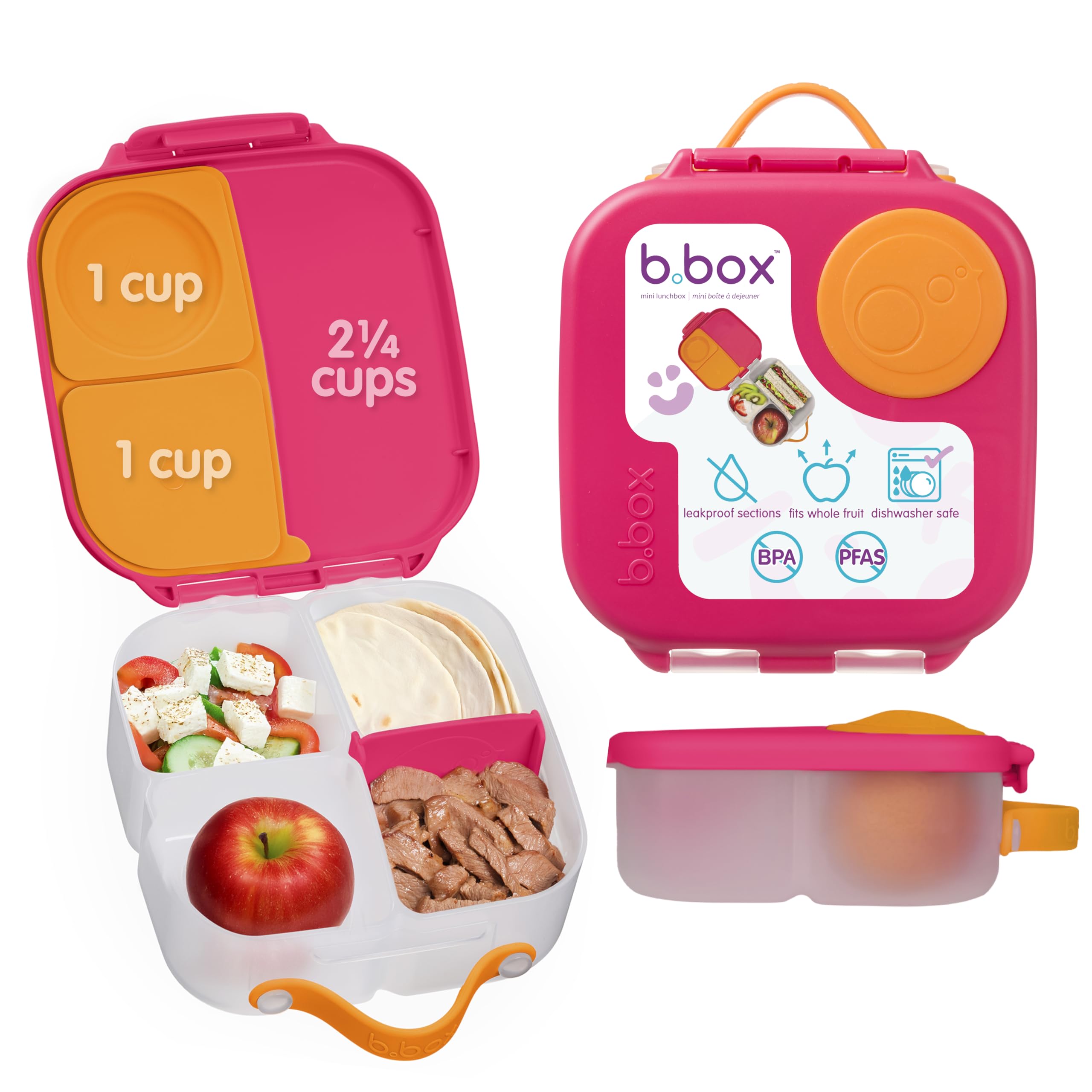 b.box Mini Lunchbox | Bento Box with 3 Compartments (2 Leakproof) | Ideal for Toddlers, Kids Lunch & Snacks | Fits Whole Piece of Fruit | BPA Free