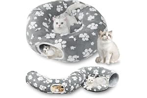 Yaning Cat Tunnel for Indoor Cats, Cute Peekaboo Cave with Dangling Balls, Pet Donut Tunnel Bed with Circle Mat for Puppy Kitten Rabbit, Grey