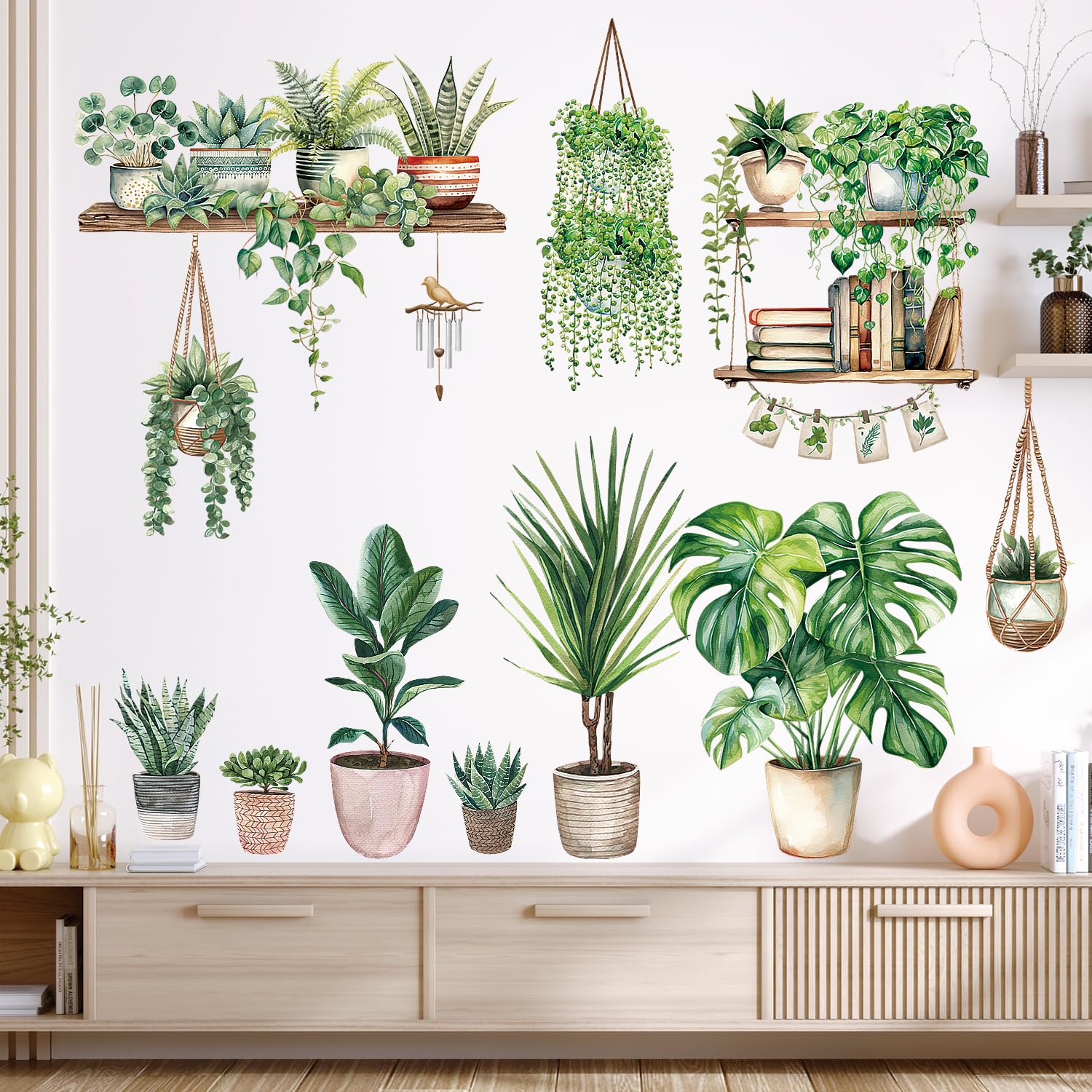 DECOWALL Tropical Green Pot Plants & Leaves Wall Stickers – Removable Wall Décor for Bedroom, Living Room, and Home Decoration (SG2-2411)