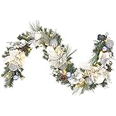 Vofuly Pre-lit 6 feet Winter White Silver Christmas Garland Decor 20 LED Lights,Garland with Balls and Ribbon Bow,Xmas Decoration on Mantle Fireplace Front Door Indoor Outdoor,Battery Operated