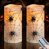 Vtobay Halloween Flameless Candles with Crimson-Eyed Spider & Cobweb Design, Remote LED 3