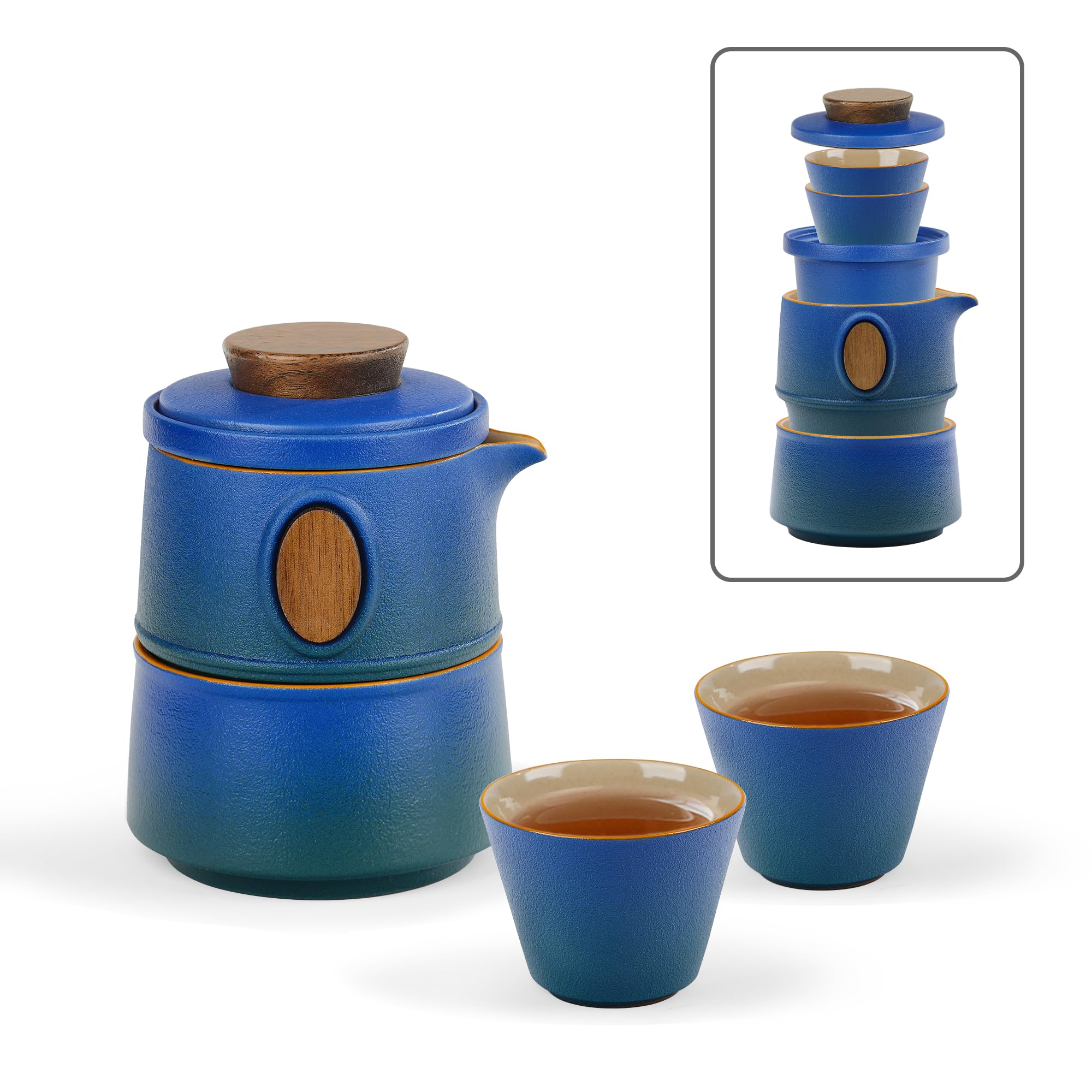 fanquare Portable Travel Tea Set with Case Blue Porcelain Chinese Kung Fu Teapot with Infuser Mini 1 Teapot 3 Cups for Outdoors