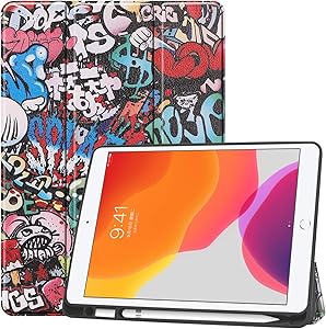 New iPad 10.2 Case with Pencil Holder - Slim Tri-Fold Case for iPad 8th Generation 2020/ iPad 7th Generation 2019 Apple Tablet, with Microfiber Inner Auto Wake/Sleep Protective Smart Cover (Graffiti)