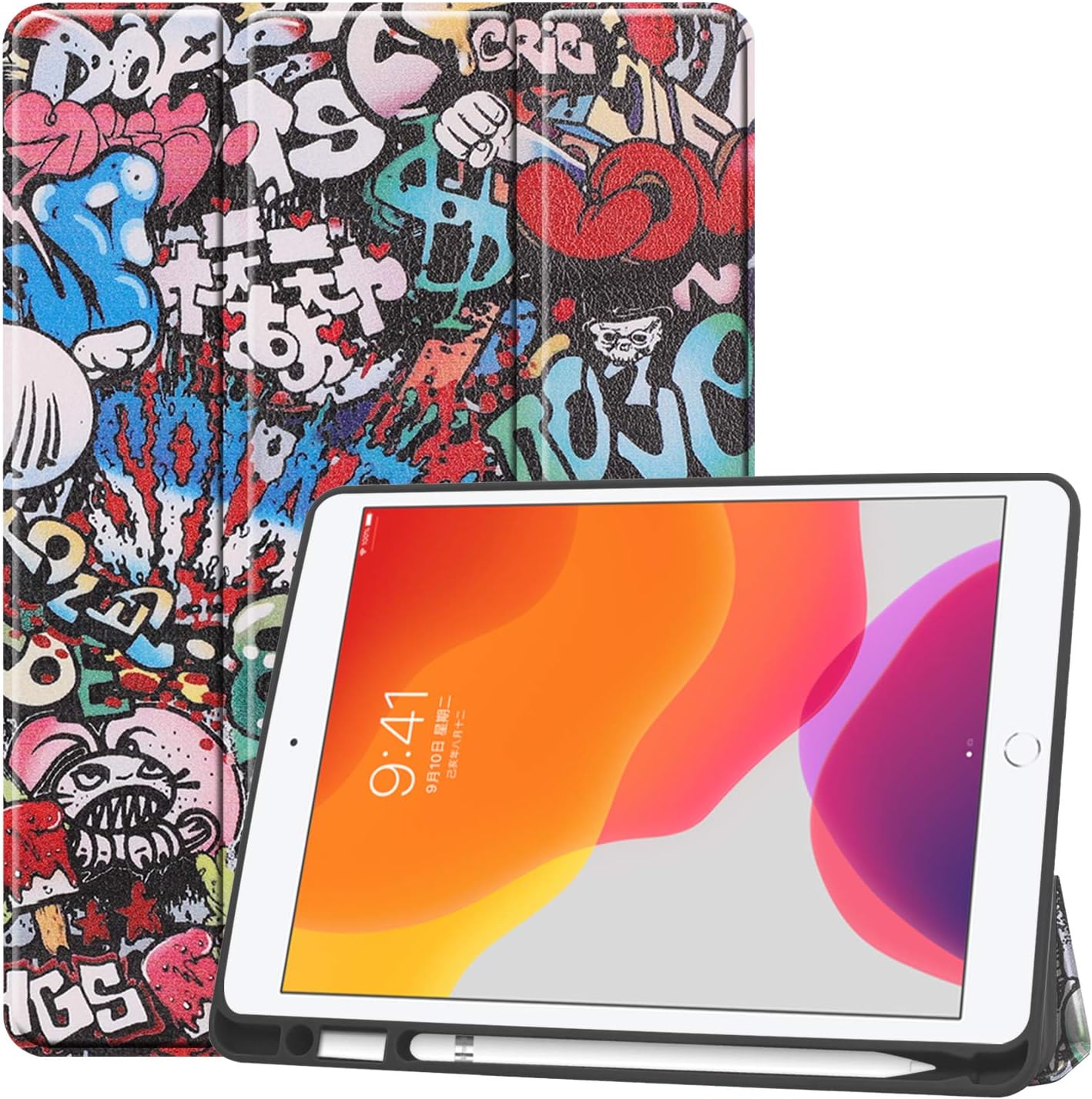 New iPad 10.2 Case with Pencil Holder, Premium Folio Slim Fit Smart Shell, Trifold Stand Shockproof Soft TPU Back Cover, Auto Sleep/Wake Function for iPad 7th Generation 10.2" 2019 (5-Graffiti)