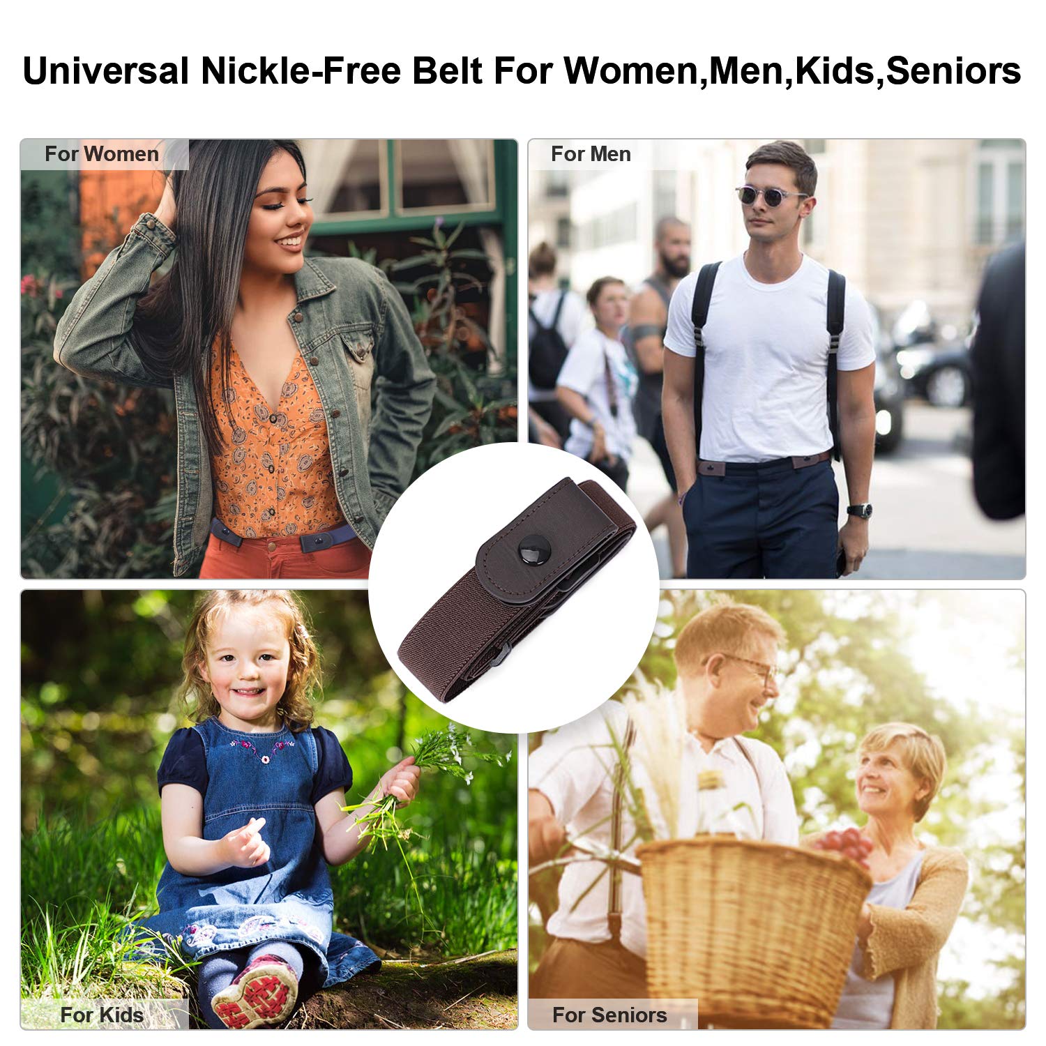 Nickle Free Metal Free Women No Buckle Invisible Stretch Belt For Jeans, Coffee, Large(Pants Size 34-48 Inches)