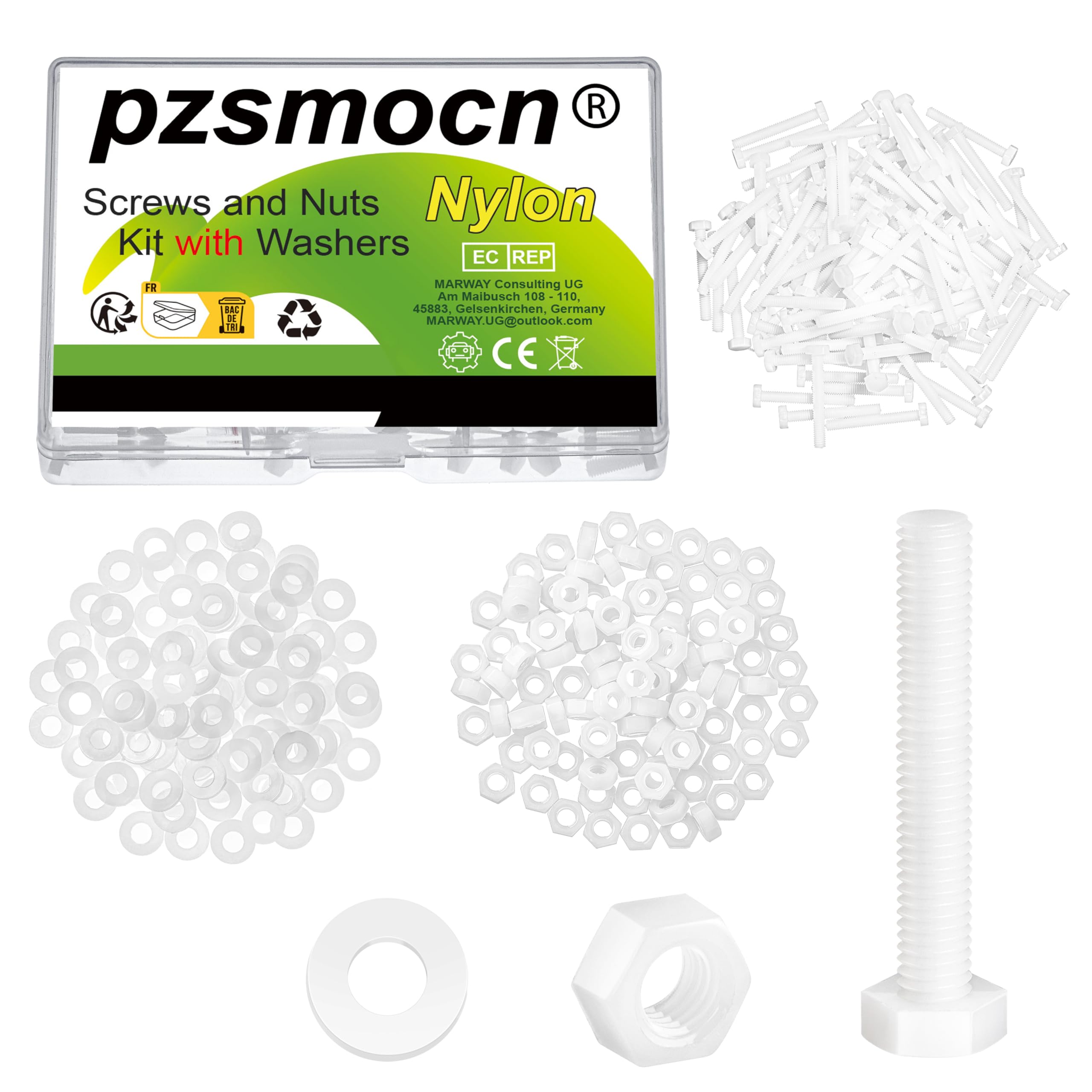 Pzsmocn 300 Pieces/100 Sets M3*20 mm Plastic White Nylon Outer Hexagon Screw Nut Combination Kit, with Insulating Washers, Standard Size, For DIY and Electronic Assembly. — image 1