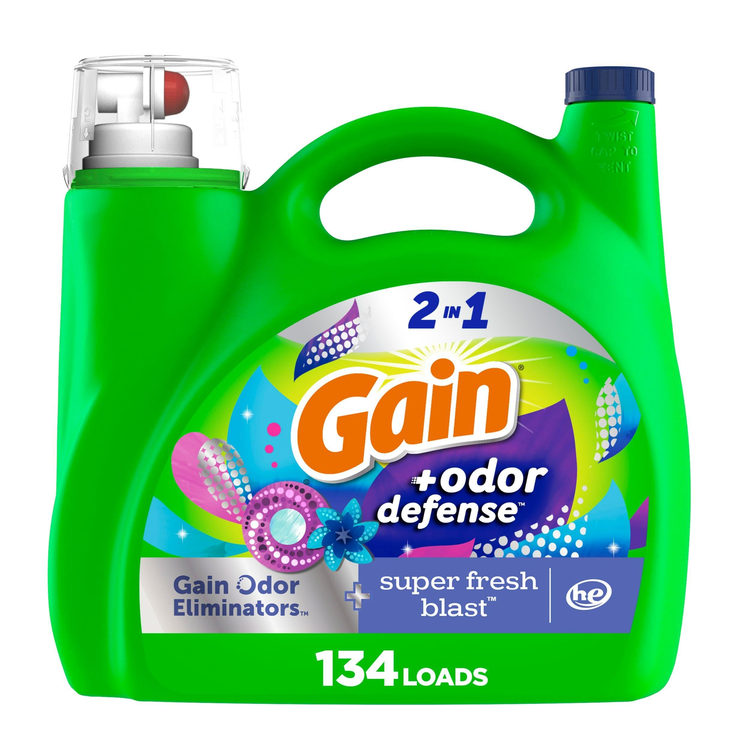 Gain Odor Defense Liquid Laundry Detergent, Super Fresh Blast Scent, 194 fl oz, 134 loads, 2 in 1, Laundry Detergent Liquid Soap, HE compatible
